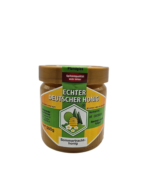 Glas mit 500 g Sommertrachthonig der Imkerei Krinner – „Echter Deutscher Honig“ im DIB-Glas mit grün-gelbem Etikett, naturbelassen & regional produziert.